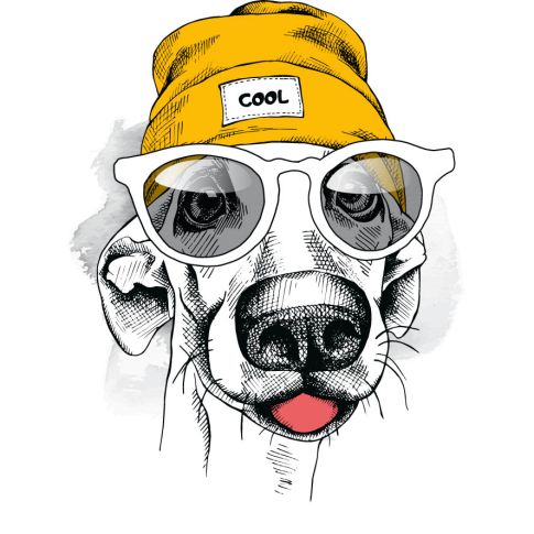 Sticker textile thermo-adhésif  7x7 cm - Chien à lunette et bonnet 