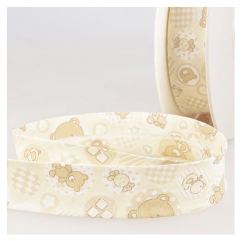 Biais replié 25 mm Oursons et coeurs sur fond Beige x1m