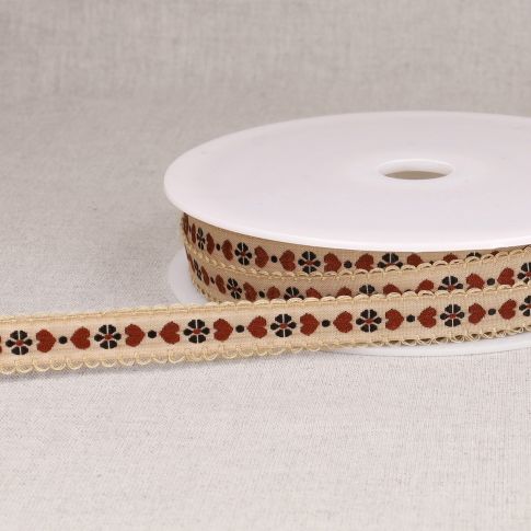 Ruban imprimé 15 mm coeurs sur fond Taupe x1m