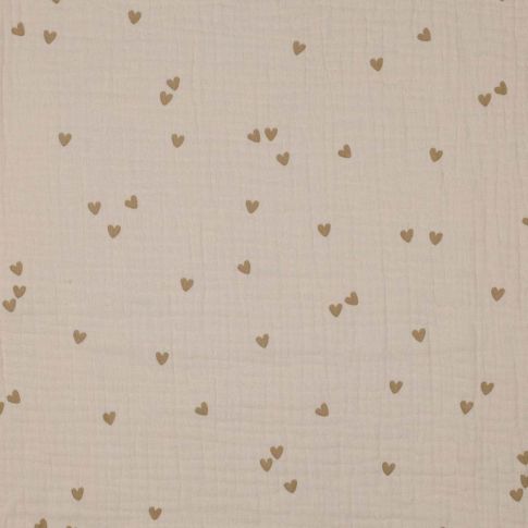 Coupon Tissu Double gaze Petits coeurs beige foncé sur fond Beige - Coupon de 40 cm