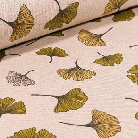 Tissu Toile de Coton Grandes feuilles Ginkgo sur fond Naturel