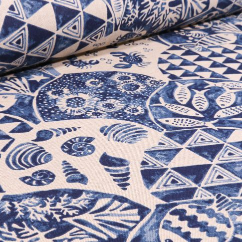 Tissu Toile de Coton Mer et coquillages sur fond Naturel