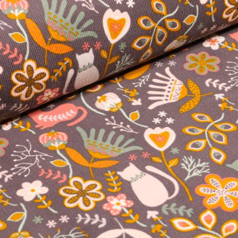 Tissu Velours milleraies Chats et fleurs colorés sur fond Taupe