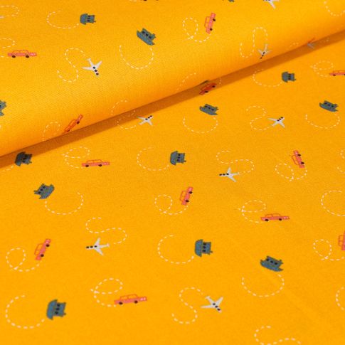 Tissu Coton imprimé LittleBird Voitures avions et bateaux sur fond Jaune