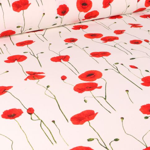 Tissu Toile de Coton Coquelicots tige sur fond Ecru