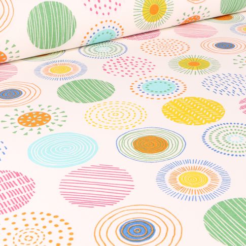 Tissu Toile de Coton Cercles stylisés multicolores sur fond Blanc cassé