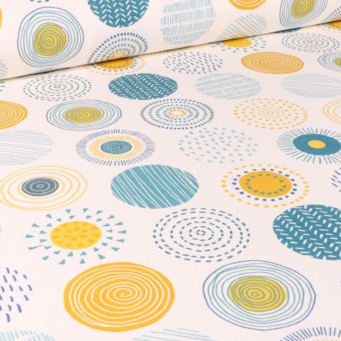 Tissu Toile de Coton Cercles stylisés jaune et bleu sur fond Blanc cassé