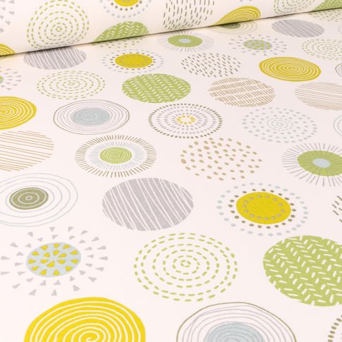 Tissu Toile de Coton Cercles stylisés verts et jaunes sur fond Blanc cassé