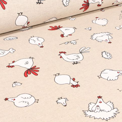 Tissu Toile de Coton Poulettes sur fond Beige