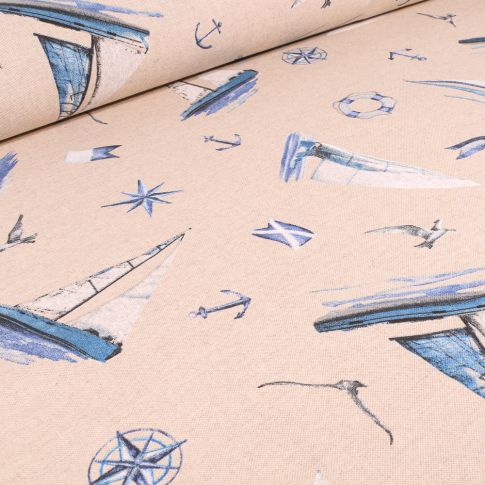Tissu Toile de Coton Voiliers mouettes ancres sur fond Naturel