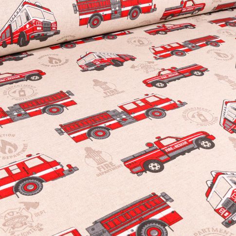 Tissu Toile de Coton Casernes des pompiers sur fond Naturel
