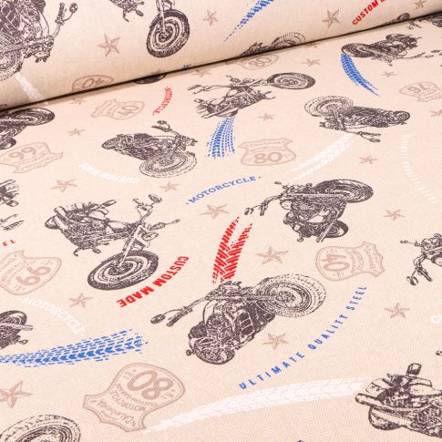 Tissu Toile de Coton Motos rider sur fond Naturel