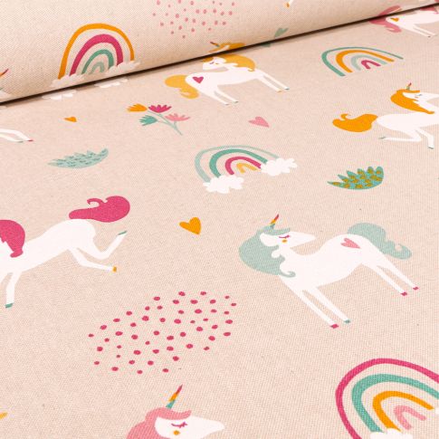 Tissu Toile de Coton Licornes girly sur fond Naturel