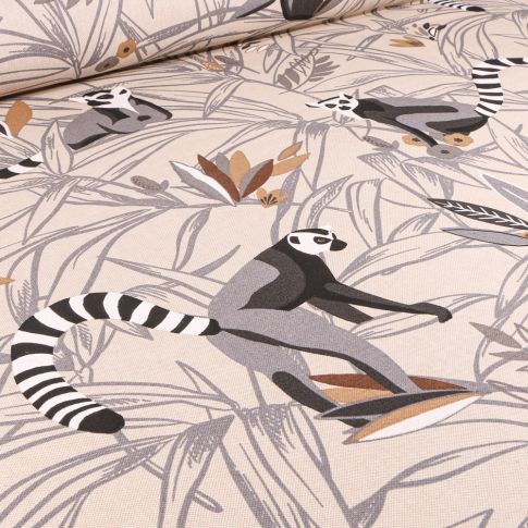 Tissu Toile de Coton Lémuriens et feuillages sur fond Naturel