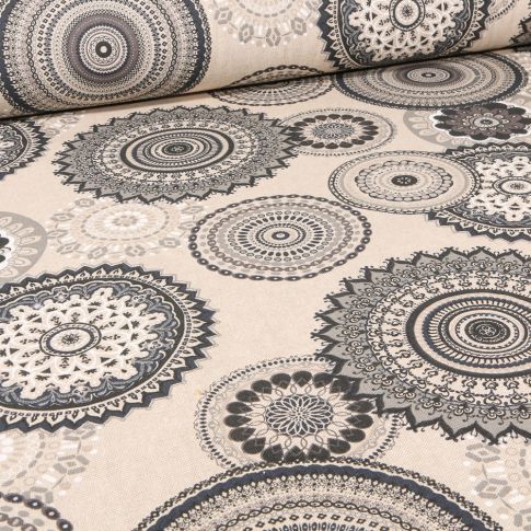 Tissu Toile de Coton Mandala noir sur fond Beige