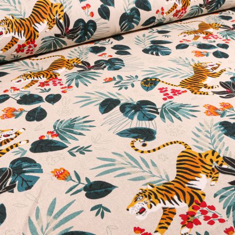 Tissu Toile de Coton Tigre jungle sur fond Naturel