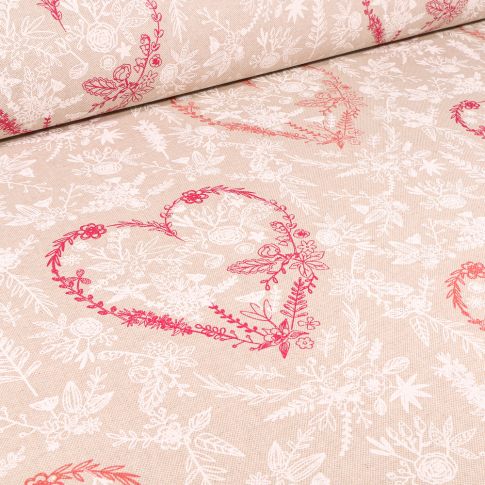 Tissu Toile de Coton Cœurs fleuris sur fond Naturel