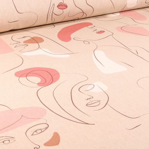 Tissu Toile de Coton Visages féminins sur fond Naturel