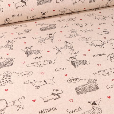 Tissu Toile de Coton Dog cute sur fond Naturel