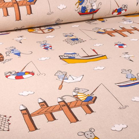 Tissu Toile de Coton Souris pêcheuse sur fond Naturel