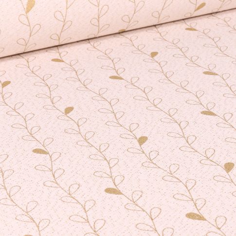 Tissu Toile de Coton Lianes dorées sur fond Naturel