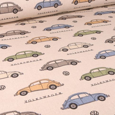 Tissu Toile de Coton Wolkswagen coccinelle bleu, jaune et gris sur fond Naturel