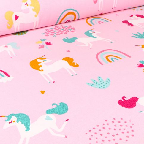 Tissu Toile de Coton Ottoman Licornes et arcs en ciel sur fond Rose