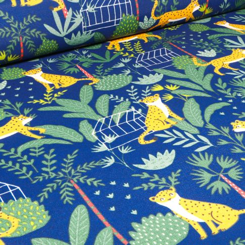 Tissu Toile de Coton Ottoman Jaguar et végétations sur fond Bleu roi
