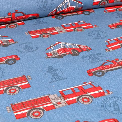 Tissu Toile de Coton Ottoman Camions de pompier sur fond Bleu denim