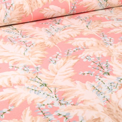 Tissu Toile de Coton Ottoman Feuilles de pampa et fleurs sur fond Rose