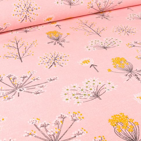 Tissu Toile de Coton Ottoman Pissenlit  et fleurs sur fond Rose