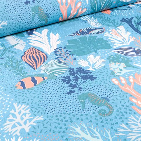 Tissu Toile de Coton Ottoman Hippocampes et fonds marins sur fond Bleu