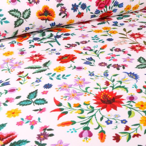 Tissu Toile de Coton Fleurs vitaminées sur fond Blanc