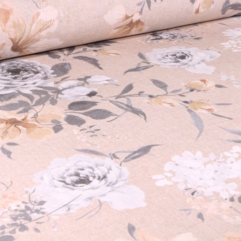 Tissu Toile de Coton Pivoines sur fond Naturel