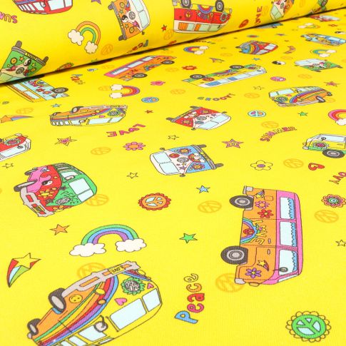 Tissu Toile de Coton Demi-Panama sous licence Volkswagen Surf sur fond Jaune