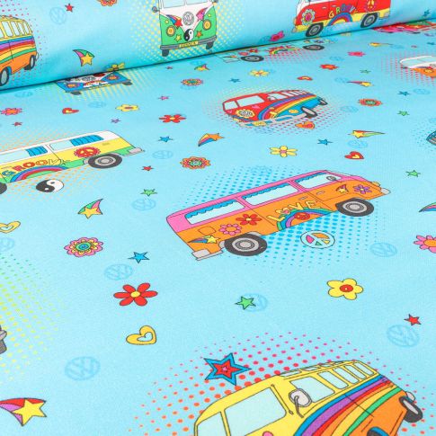 Tissu Toile de Coton Demi-Panama sous licence Volkswagen peace sur fond Bleu turquoise