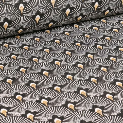 Tissu Jacquard Plumes de paons dorées sur fond Noir