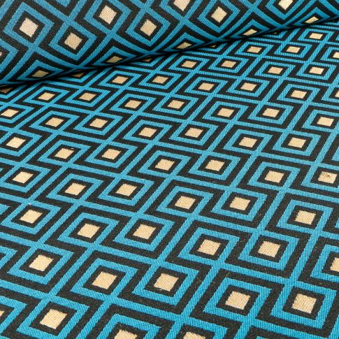 Tissu Jacquard Losanges dorés et noirs sur fond Bleu turquoise