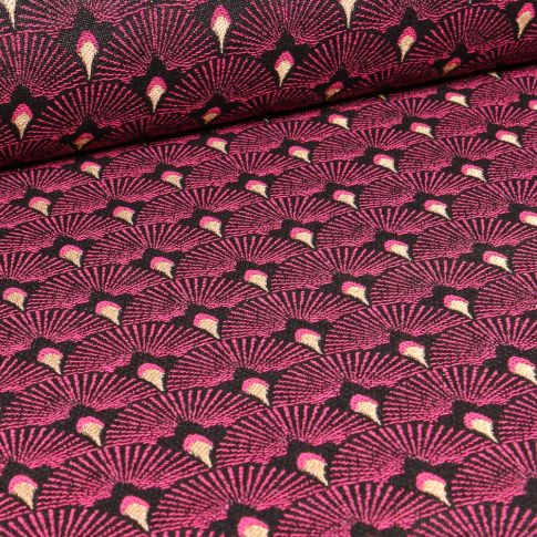 Tissu Jacquard Plumes de paons dorées sur fond Rose fuchsia