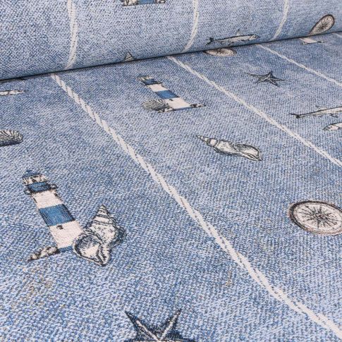 Tissu Jacquard Gobelin Phares et coquillages sur fond Bleu chiné