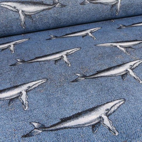 Tissu Jacquard Gobelin Cachalot sur fond Bleu chiné