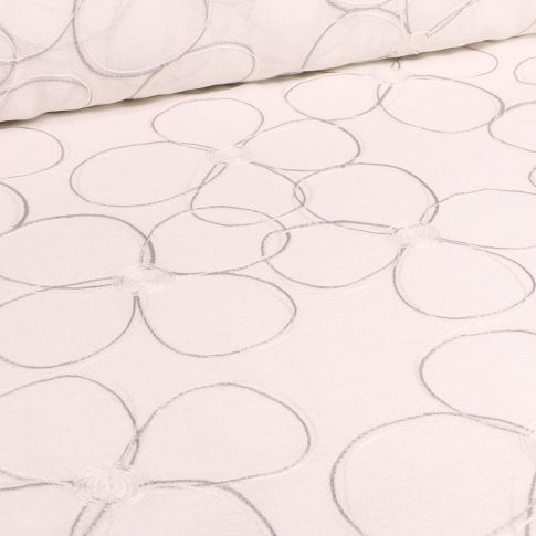 Tissu Voilage grande largeur Contour de fleurs grises brodé sur fond Ecru