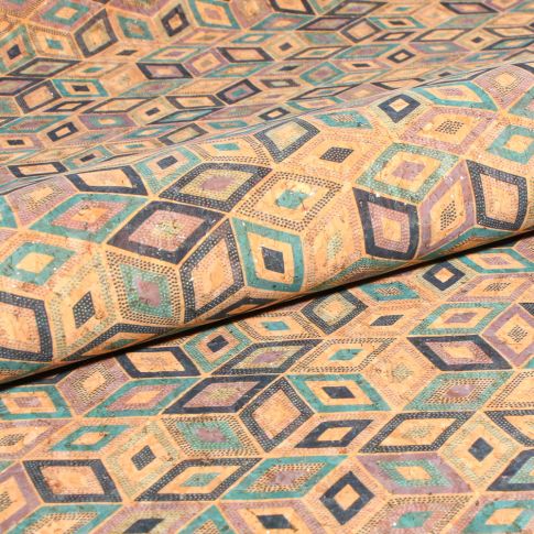 Tissu Liège Losanges bleus pailletés sur fond Naturel