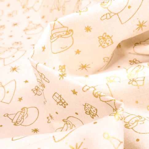Tissu Coton imprimé Bio Peres noël dorés sur fond Blanc cassé