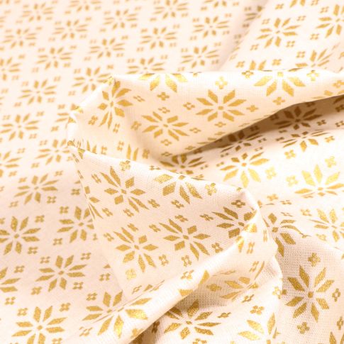 Tissu Coton imprimé Bio Beaux flocons dorés sur fond Blanc cassé