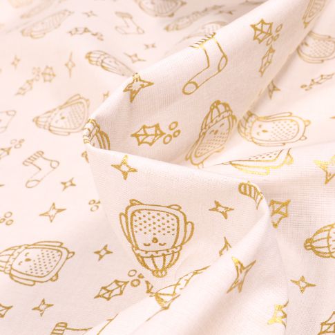 Tissu Coton imprimé Bio Pingouins dorés sur fond Blanc cassé