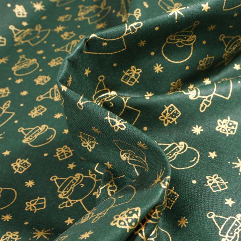 Tissu Coton imprimé Bio Peres noël dorés sur fond Vert foncé