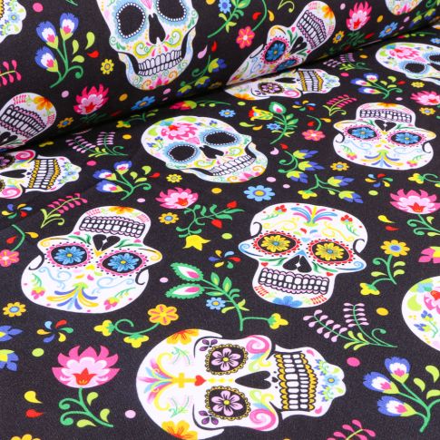 Coupon Tissu Burlington Têtes de morts colorées sur fond Noir - Coupon de 50 cm