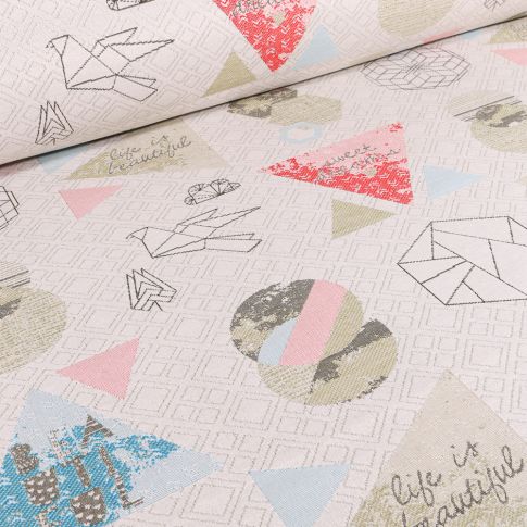 Tissu Jacquard Origami sur fond Blanc cassé