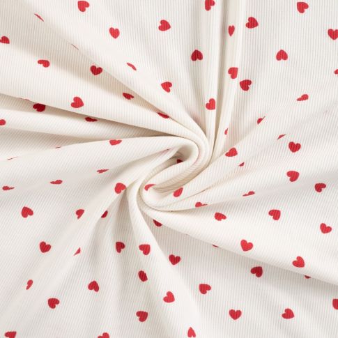 Coupon Tissu Jersey Coton Bord côte Coeurs rouges sur fond Ecru - Coupon de 80 cm